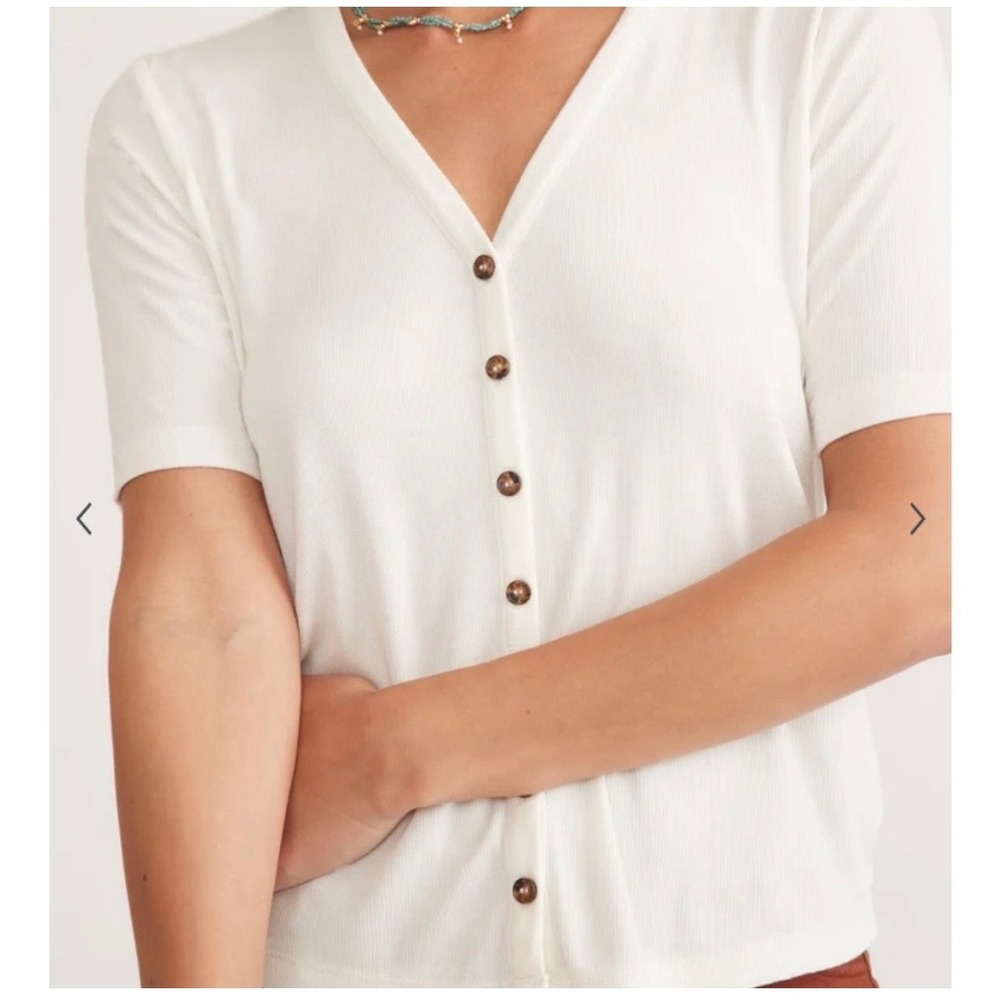 Marine Layer Lexi Ribbed Shirt White V-Neck Button Front Cropped Large - Picture 2 of 11